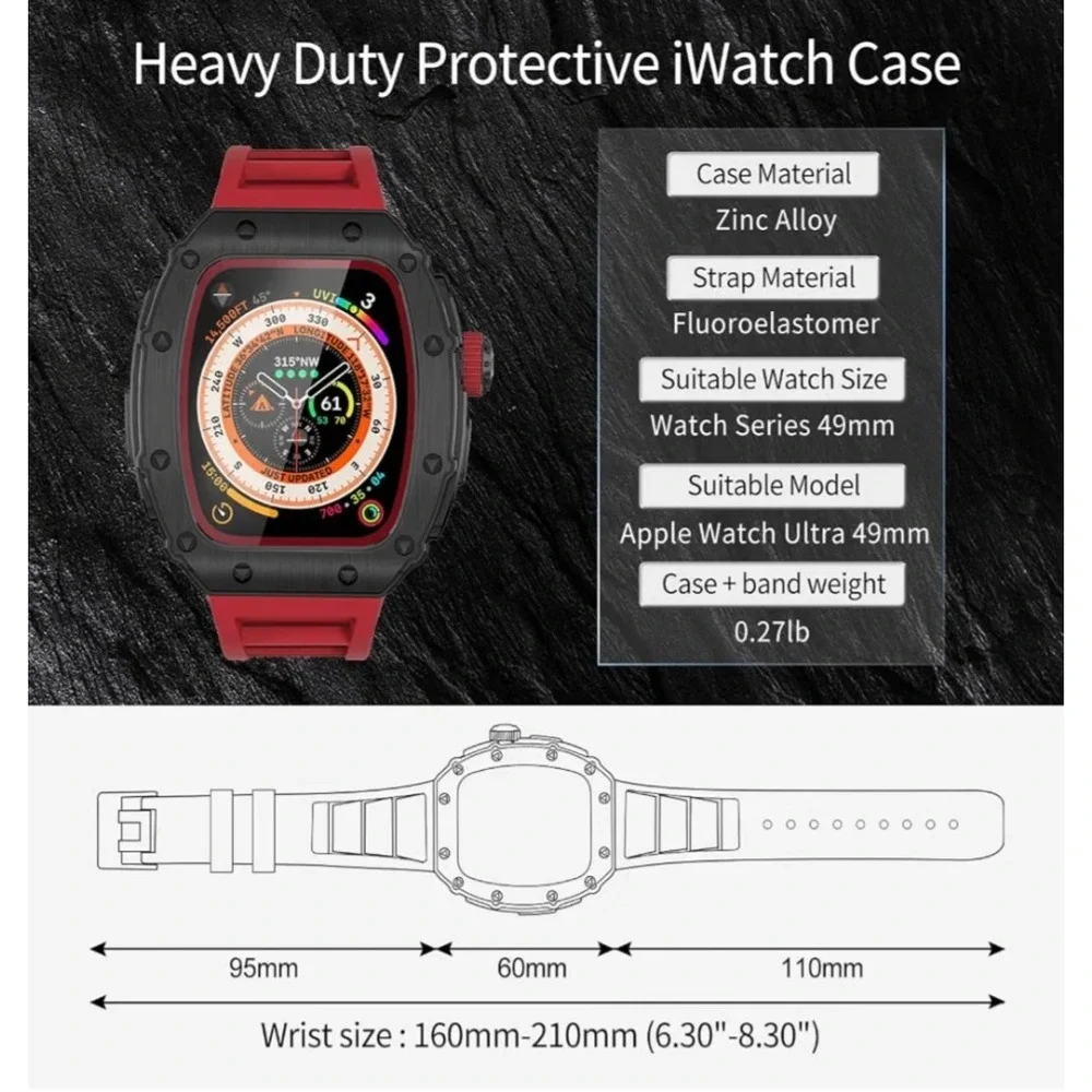 Hualimei Luxury Case Apple Watch Ultra 49mm Black Red Rugged Metal Band HLM49